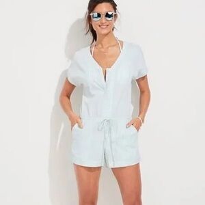 Vineyard Vines Seersucker Aqua And White Striped Short Sleeve Romper Tie Waist